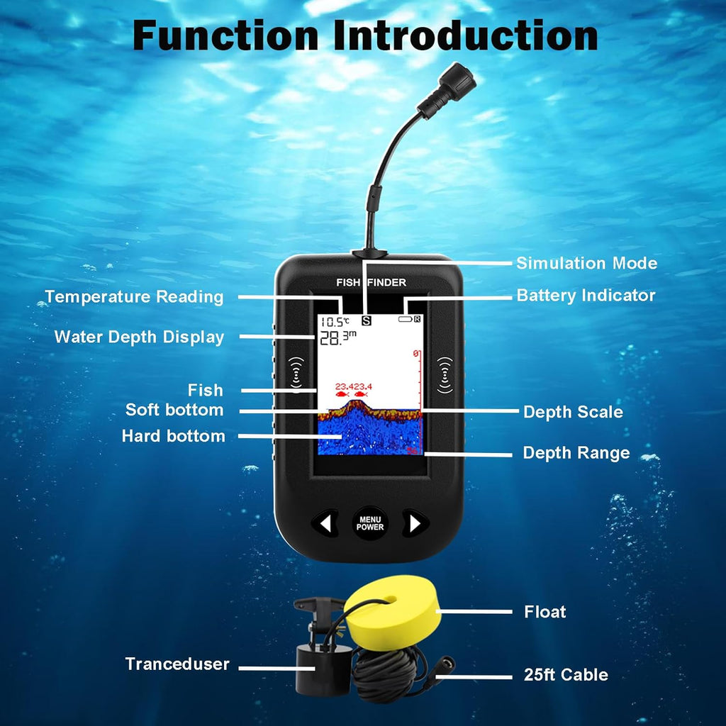 Kayak Portable Fish Finder - Handheld Wired Fish Depth Finder - Contour Readout Fishfinder Ice Shore Boat Fishing Fish Detector Device - with Sensor Transducer and LCD Display Gear