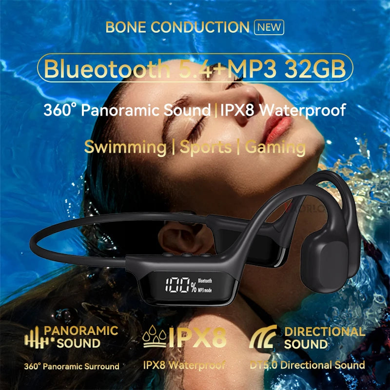 Revolutionary Bone Conduction Bluetooth 5.4 Headphones - Waterproof IPX8, Perfect for Swimming & Sports, Includes 32GB MP3 Player Support