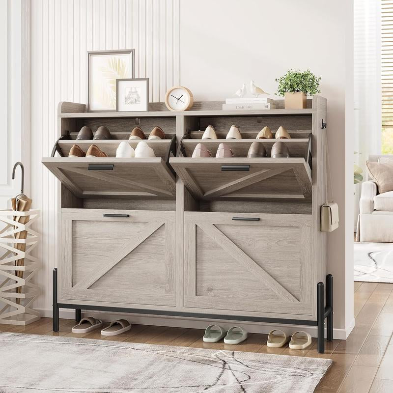 Sleek IRONCK White Wooden Shoe Cabinet with 2 Flip Drawers - Stylish Storage Organizer for Entryway, Hallway, and Living Room