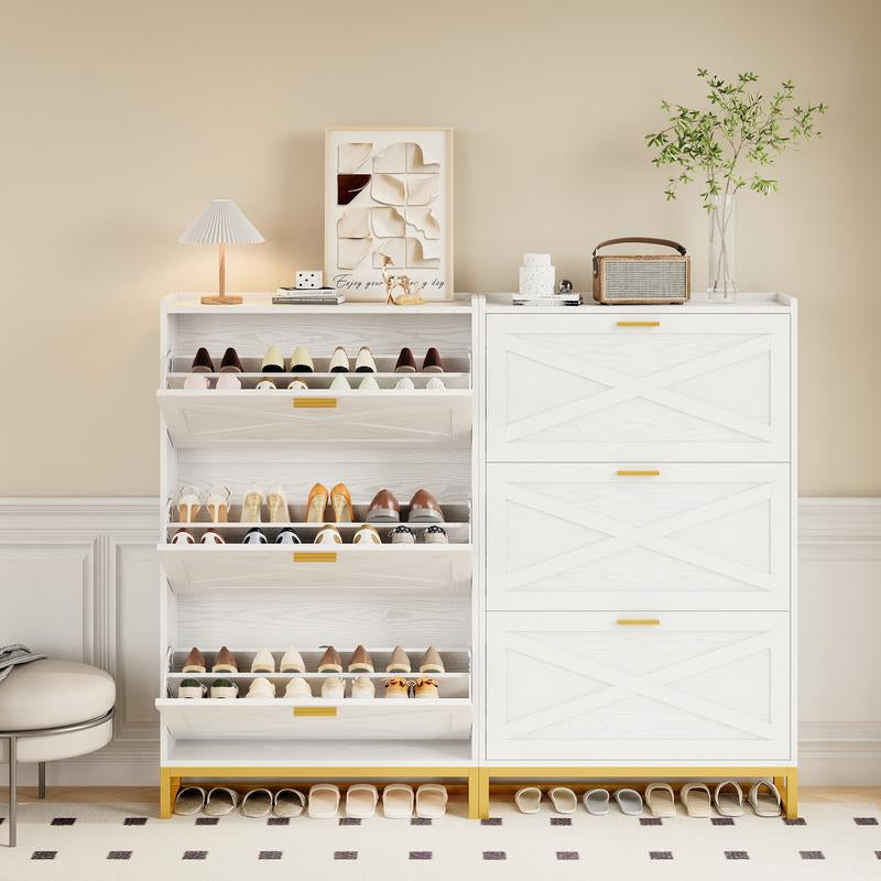 Sleek IRONCK White Wooden Shoe Cabinet with 2 Flip Drawers - Stylish Storage Organizer for Entryway, Hallway, and Living Room