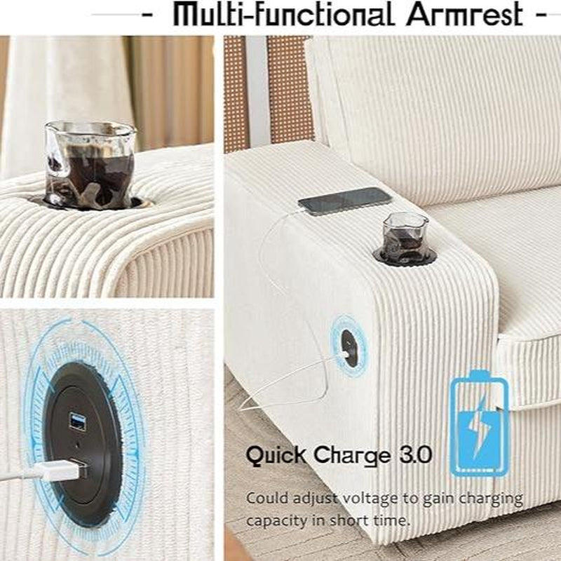 Amerlife Modern Oversized Sofa – Premium Bouclé/Chenille/Corduroy | 23" Deep Seat | USB Charging Ports | Cup Holders | Heavy-Duty Frame (2400 lbs Capacity)