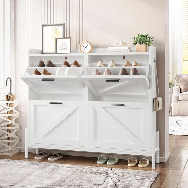 Sleek IRONCK White Wooden Shoe Cabinet with 2 Flip Drawers - Stylish Storage Organizer for Entryway, Hallway, and Living Room