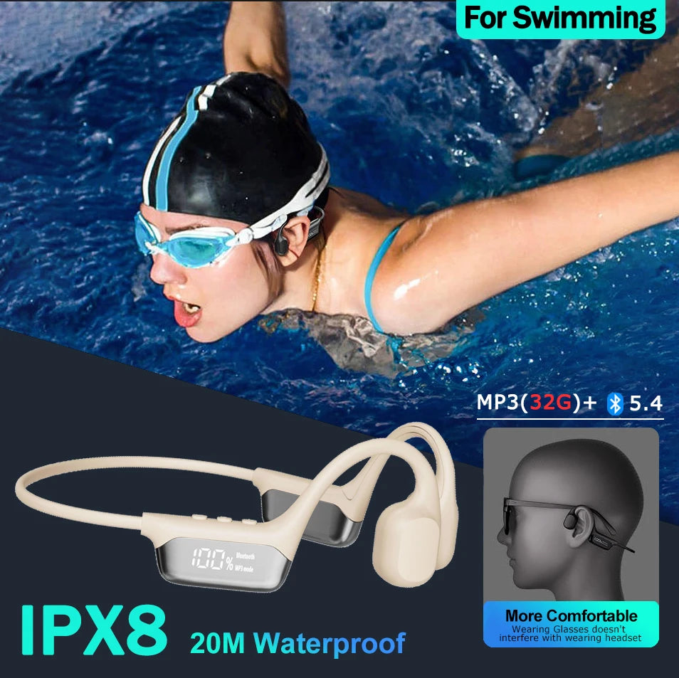 Revolutionary Bone Conduction Bluetooth 5.4 Headphones - Waterproof IPX8, Perfect for Swimming & Sports, Includes 32GB MP3 Player Support