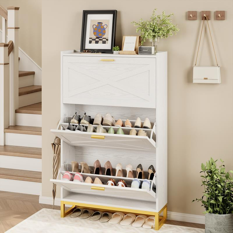 Sleek IRONCK White Wooden Shoe Cabinet with 2 Flip Drawers - Stylish Storage Organizer for Entryway, Hallway, and Living Room