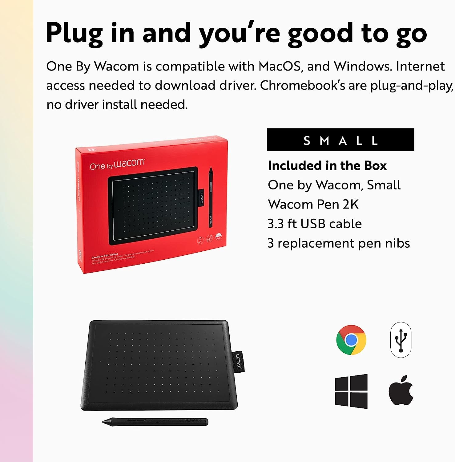 Transform Your Creativity with the One by Wacom Small Graphics Drawing Tablet - Portable 8.3 x 5.7 Inches, Ergonomic 2048 Pressure Sensitive Pen, Compatible with Chromebook, Mac, and Windows