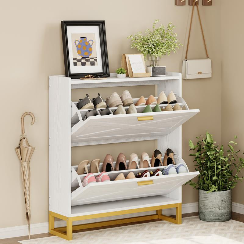 Sleek IRONCK White Wooden Shoe Cabinet with 2 Flip Drawers - Stylish Storage Organizer for Entryway, Hallway, and Living Room