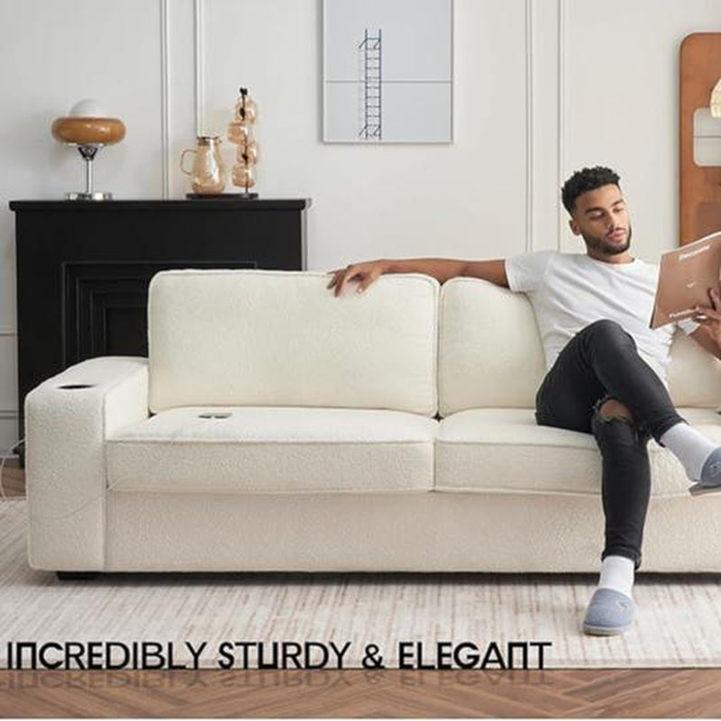 Amerlife Modern Oversized Sofa – Premium Bouclé/Chenille/Corduroy | 23" Deep Seat | USB Charging Ports | Cup Holders | Heavy-Duty Frame (2400 lbs Capacity)