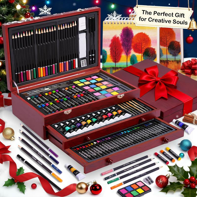 Ultimate 175-Piece Deluxe Art Set - Complete Acrylic Paints, Crayons & Colored Pencils in Elegant Wooden Case - Perfect Art Supplies for All Ages & Skill Levels - Ideal Gift for Birthdays & Holidays!