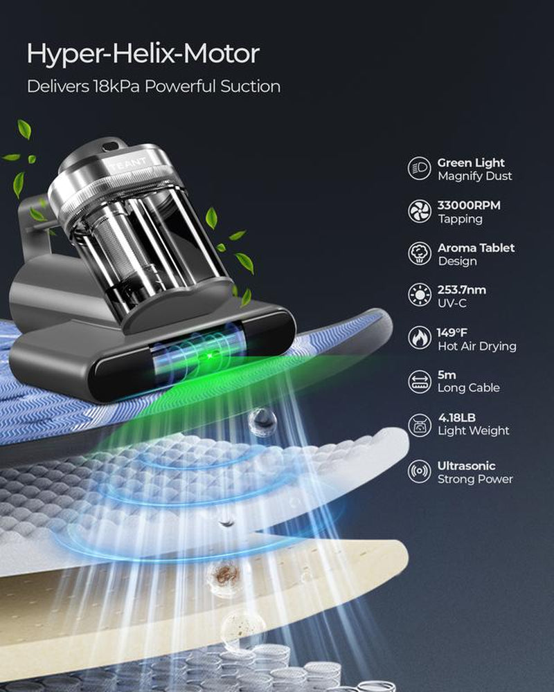 Teant Mattress Vacuum Cleaner - Powerful 2-Speed with UV-C Light, Dust Detection & HEPA Filter for Ultimate Cleanliness