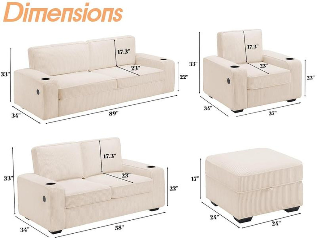 Amerlife Modern Oversized Sofa – Premium Bouclé/Chenille/Corduroy | 23" Deep Seat | USB Charging Ports | Cup Holders | Heavy-Duty Frame (2400 lbs Capacity)