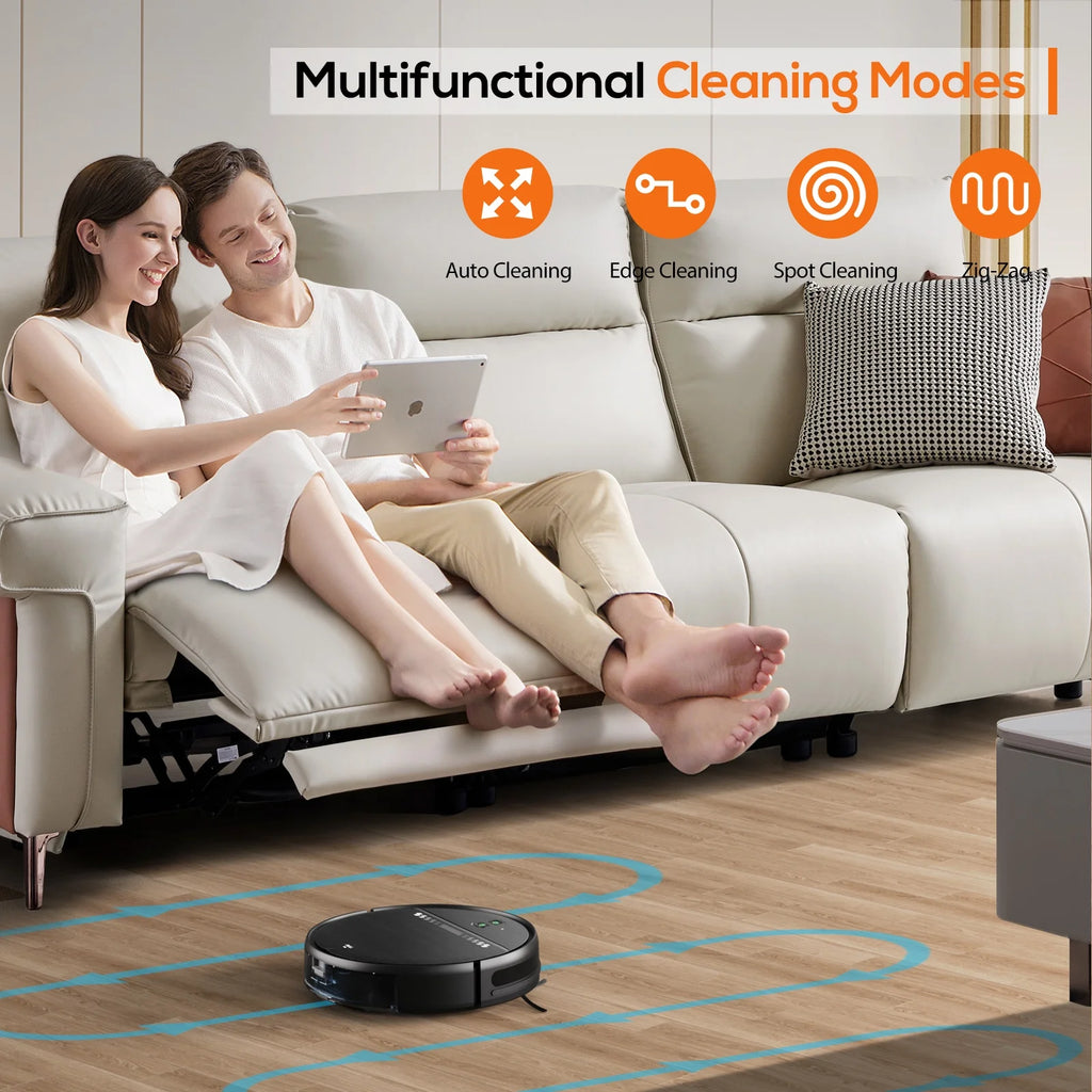 Effortless Cleaning with GOOVI Robot Vacuum and Mop Combo - Smart Wi-Fi Enabled, Remote Control & 120-Minute Battery Life in Sleek Black