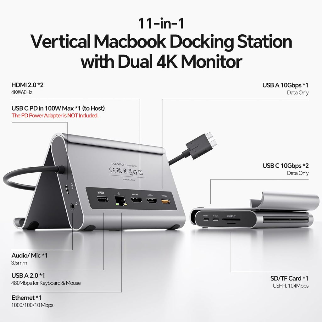 Elevate Your Workspace with the PULWTOP 11-in-1 MacBook Docking Station - Dual 4K@60Hz HDMI, Super Speed USB-C, and Gigabit Ethernet for Ultimate Connectivity