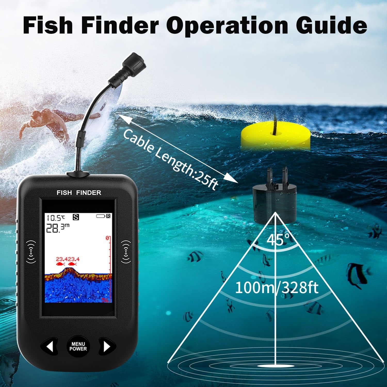 Kayak Portable Fish Finder - Handheld Wired Fish Depth Finder - Contour Readout Fishfinder Ice Shore Boat Fishing Fish Detector Device - with Sensor Transducer and LCD Display Gear